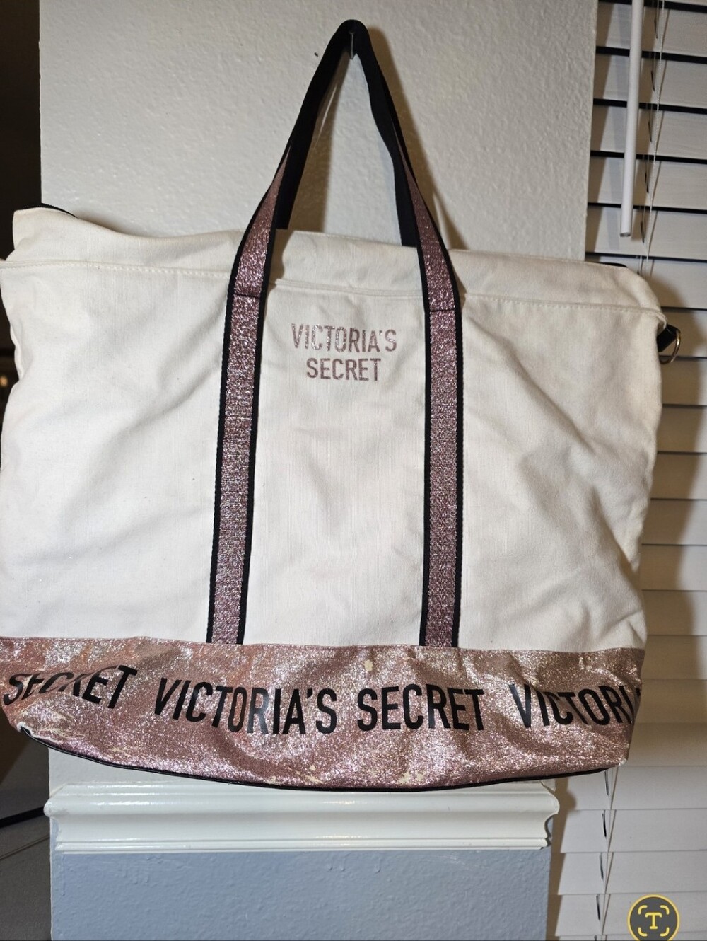 Victoria's Secret Cream Canvas Tote with Pink Metallic Trim